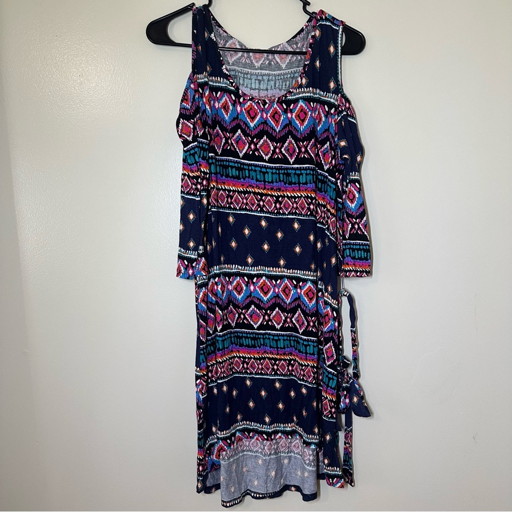 Como‎ Vintage Womens Tribal Geometric Cold Shoulder High Low Dress Navy Blue LG